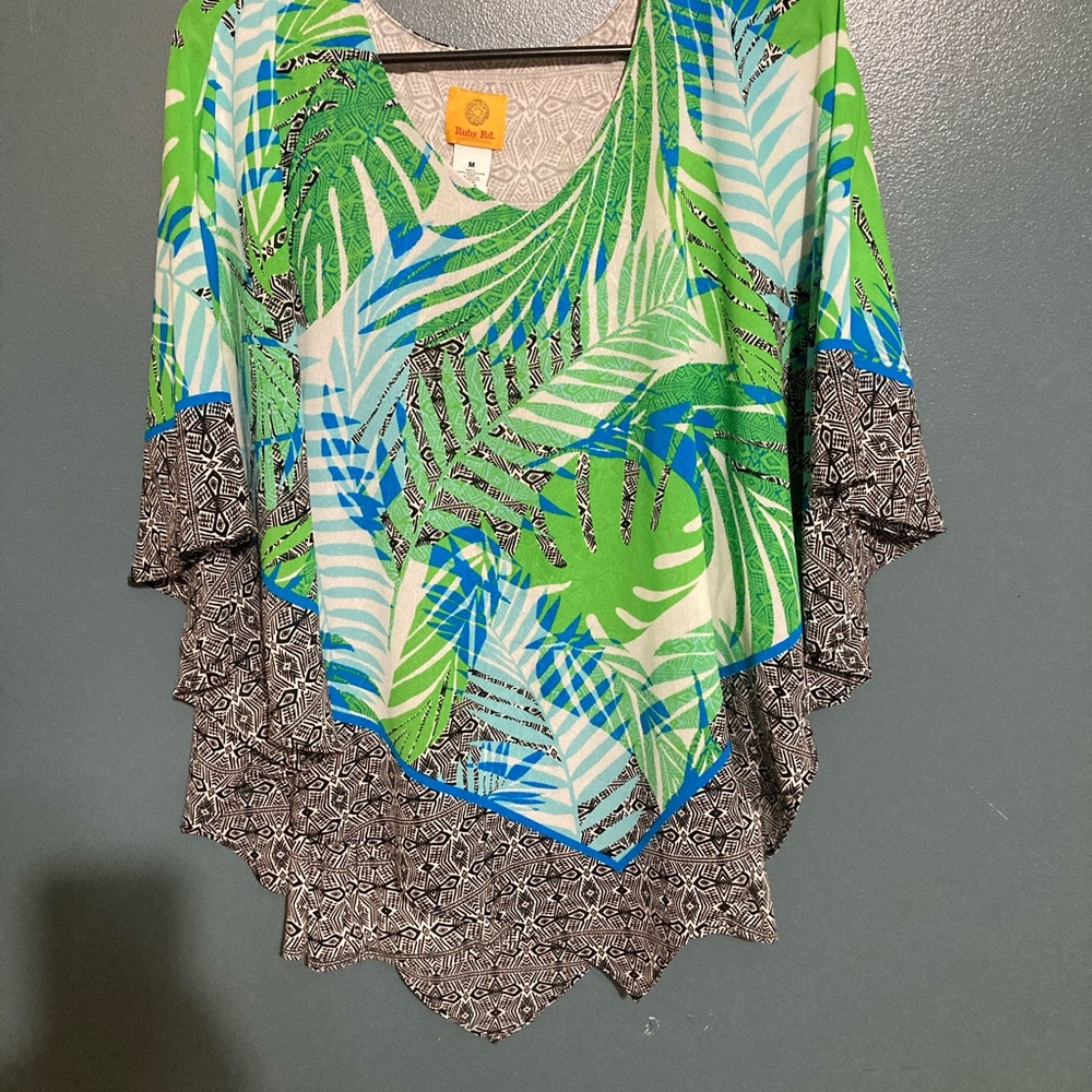 Ruby Rd. Green & Blue Palm-Print Layered Poncho